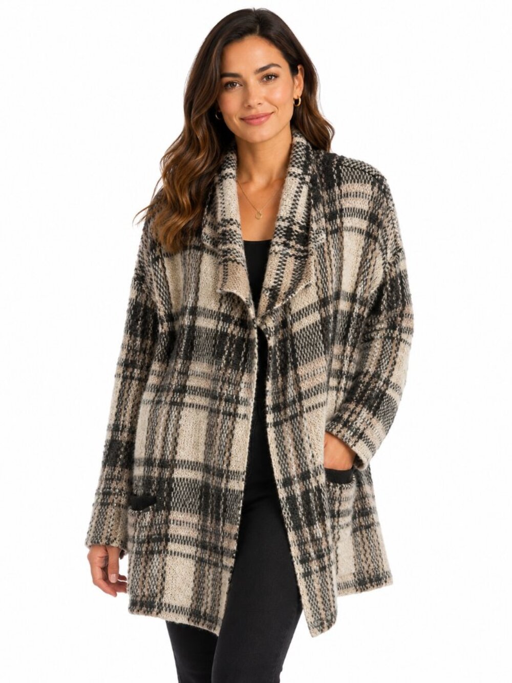 Oui Luxury Edition Plaid Cardigan Sweater - Mohair Blend Gray/Black (Size M/US 6